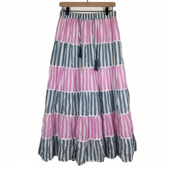 VINTAGE Skirt Boho Maxi Prairie Gypsy Stripes Tiered Lace Trim Western One Size - Picture 1 of 12
